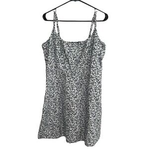 Linen Blend Smocked Mini Dress XL Navy Floral Pockets Cottagecore Summer Coastal